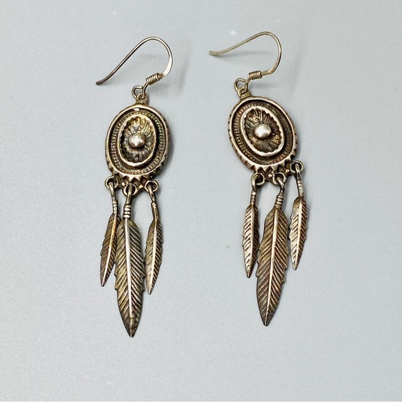 Vintage Sterling Silver Earrings Southwest Style with Shield & Feathers - Picture 2 of 10